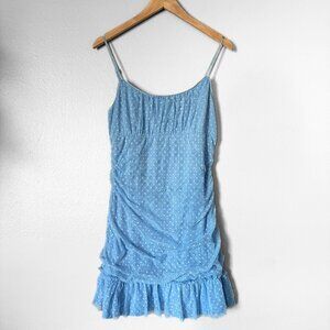 Altar'd State Ruched Polka Dot Light Blue Mesh Mini Dress Womens Large Fairy Y2K